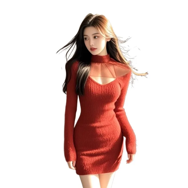 

High Appearance Level High Quality Small Sexy Red Mesh Knitted Dress Female Style Lift Sister Waist Slimming Package Hip Skirt