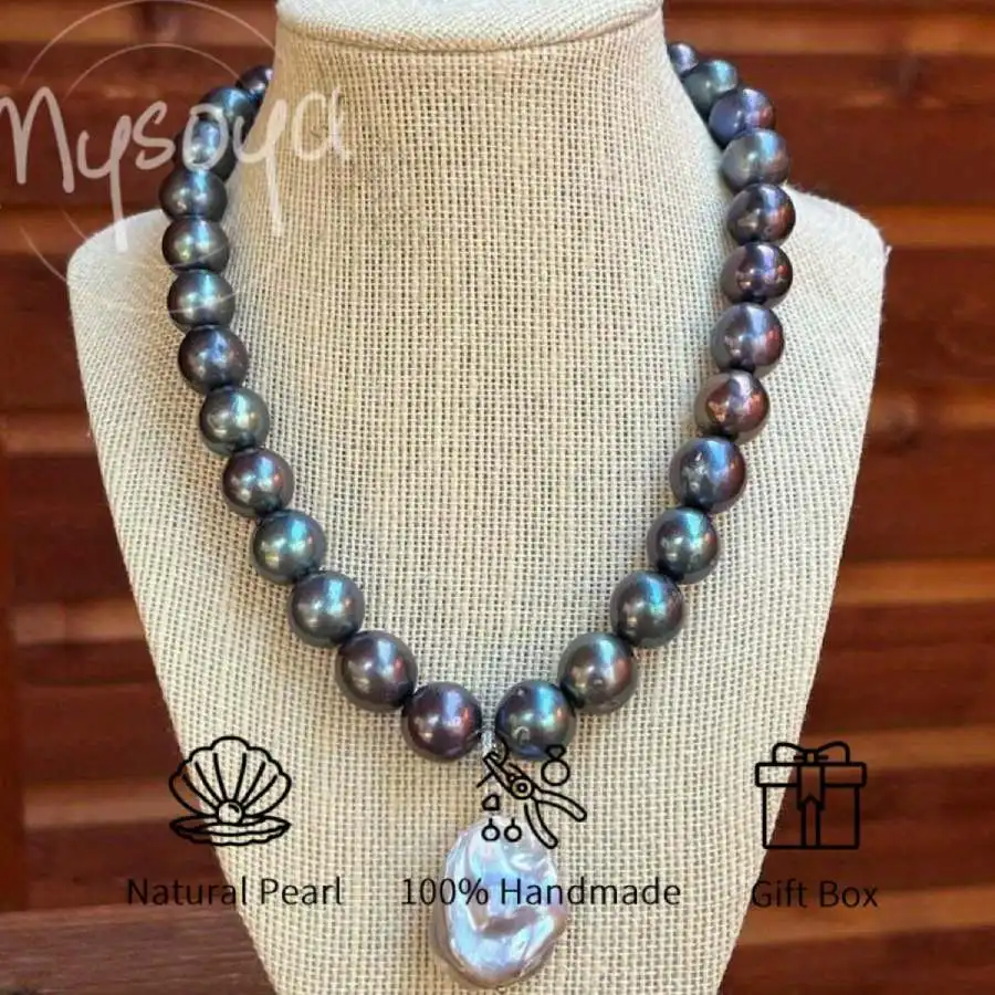 

MYSOYA 10-11 мм черный пресноводный жемчуг ожерелье с подвеской в подарочной коробке идеальный подарок на свадьбу, день рождения, Рождество, Новый год