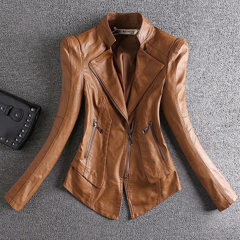 

Women's Cotton Leather Coat, Short Slim Outwear, Fashion Biker Jacket, Casual Thin Outcoat, Temperament Stand Collar Top, New