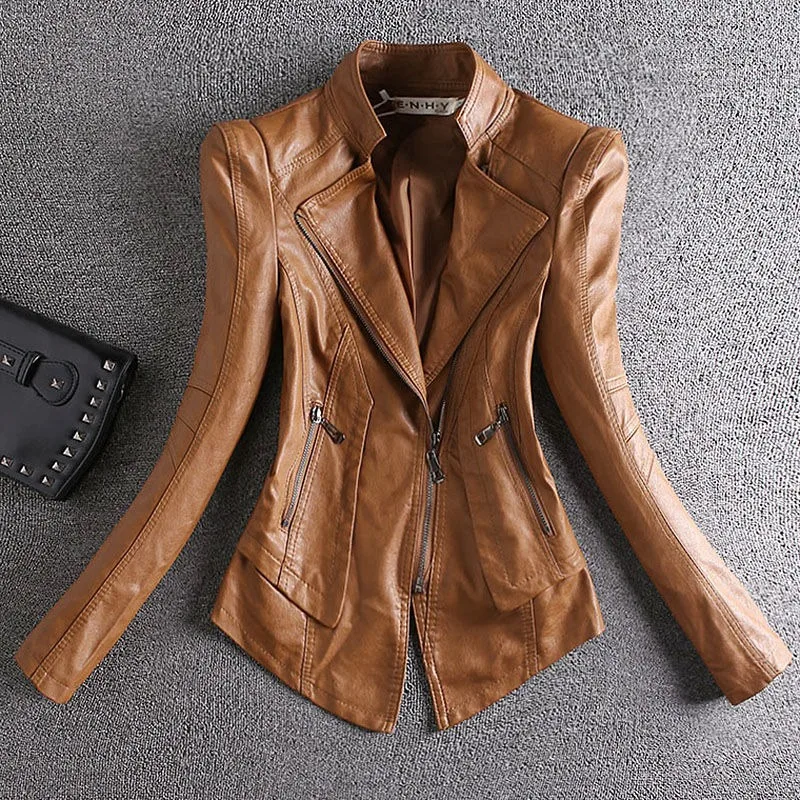 Women's Cotton Leather Coat, Short Slim Outwear, Fashion Biker Jacket, Casual Thin Outcoat, Temperament Stand Collar Top, New