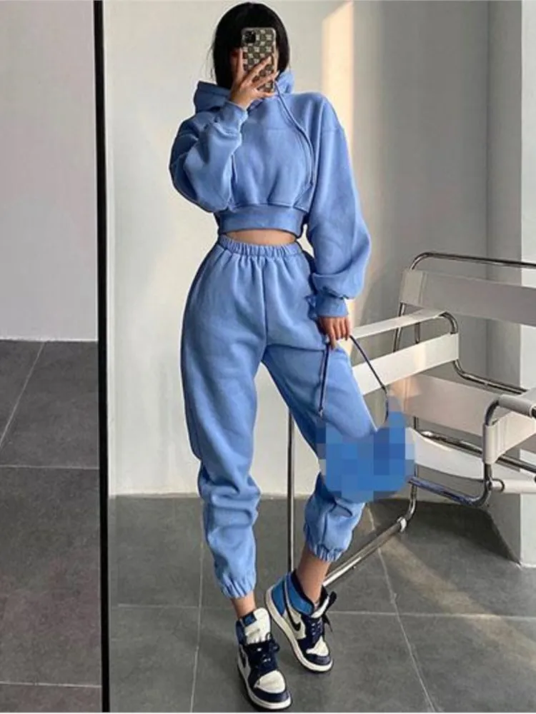 Women\'s Spring Autumn New Fashion Street Hoodie Short Pocket Hoodie High Waist Elastic Waist Loose Leg Tight Pants Set