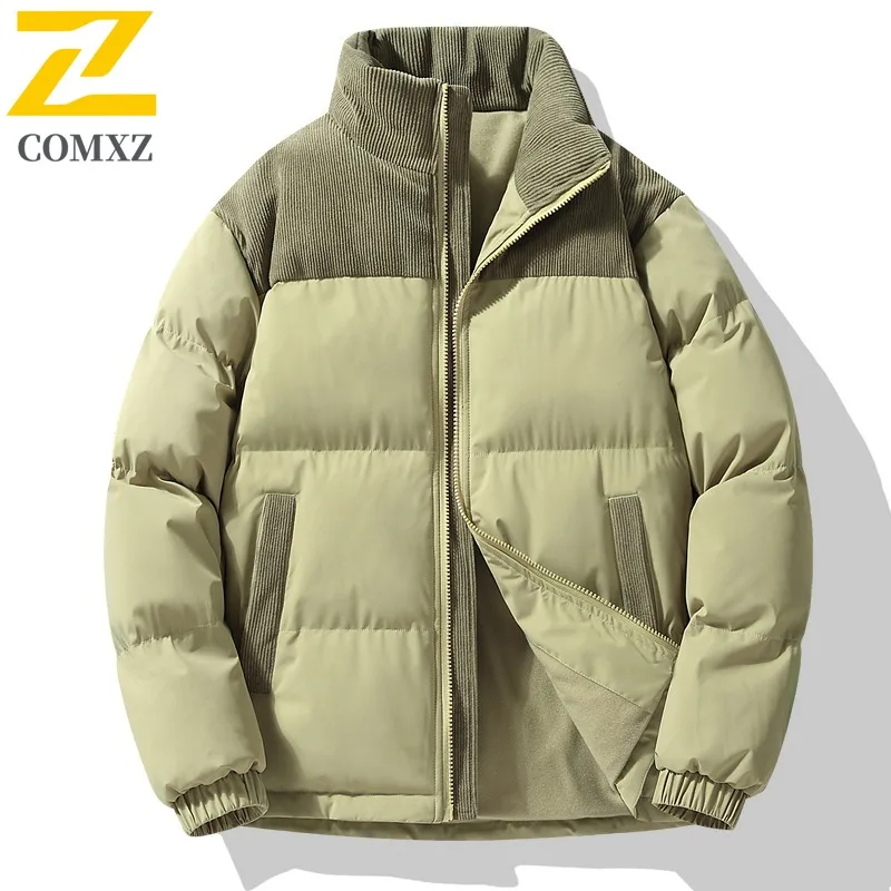 

COMXZ 2025 Mens Winter Hooded Thickened Puffer Cotton-Padded Jacket Loose Fashion Fit Youth Casual Color Block Heavyweight Coat