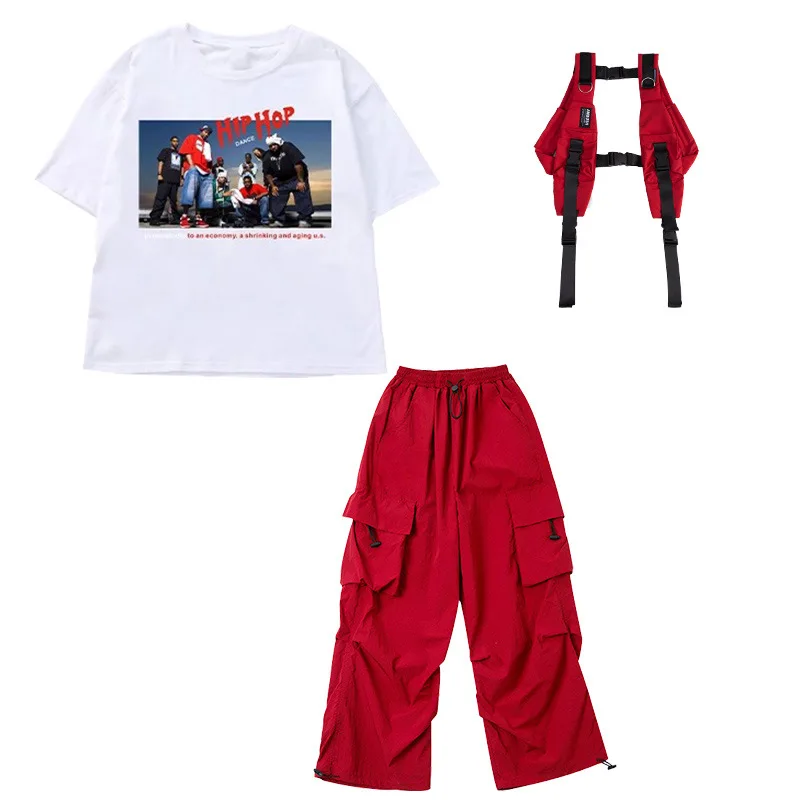 Ropa de Hip Hop Kpop para chico, camiseta blanca con gráfico, chaleco rojo, Top informal, pantalones Cargo de paracaídas para niña y niño, ropa de traje de baile