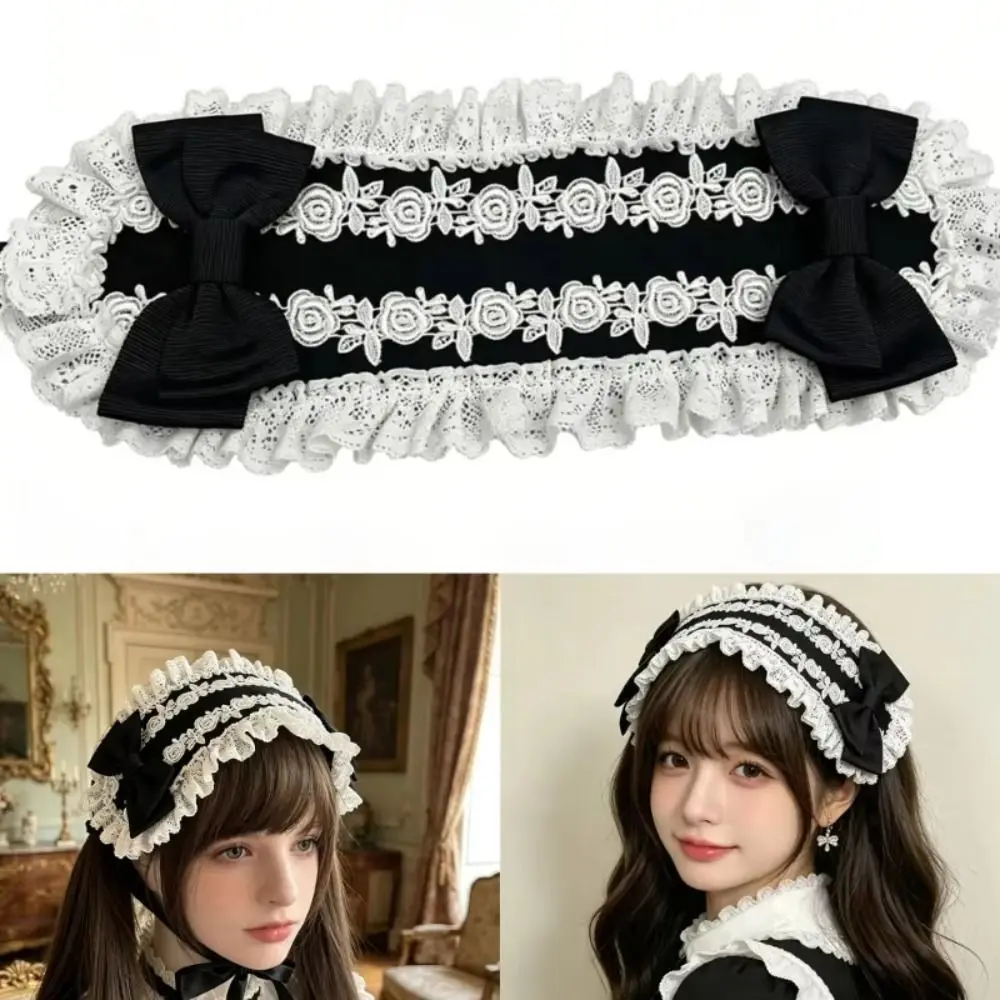 Creative Spicy Girl Lolita Lace Headband Y2k Black Lolita Hair Clip Ribbon Bow Hair Accessories Ruffled Hairband Party
