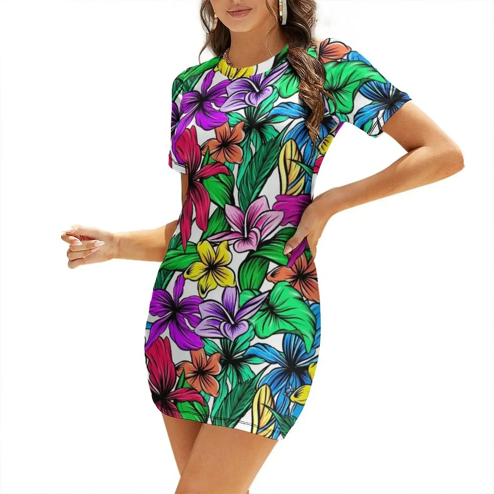 Robe à manches courtes à motif floral d'hibiscus tropical vibrant, robes courtes sexy, robe audacieuse pour femme, vêtements d'été