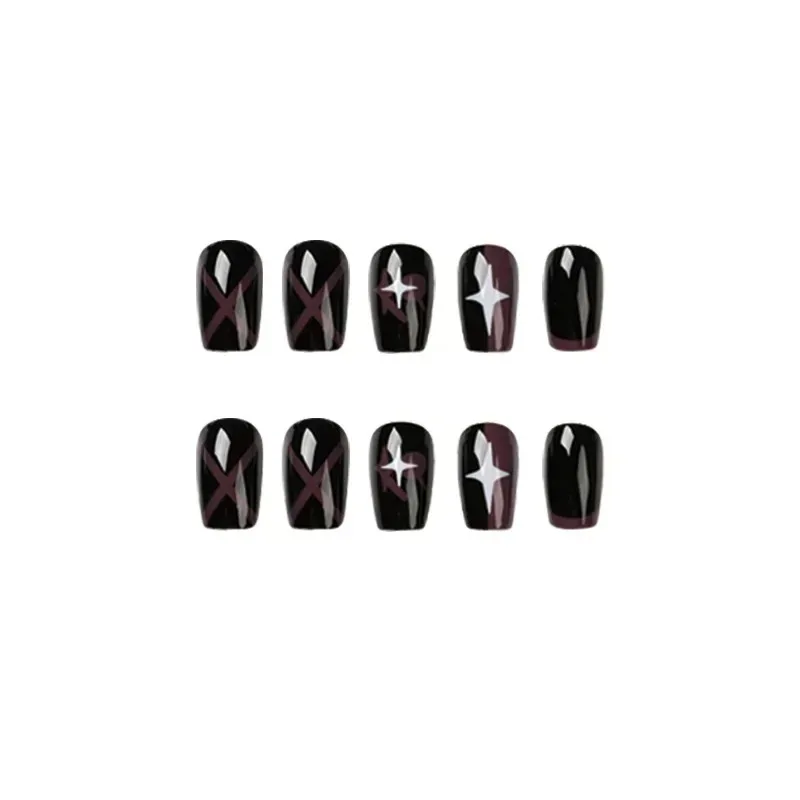 10Pcs/set Short Gothic Style Fake Nails Press Ons Fashion Nail Tips Full Cover False Nails with Designs Black Red Press on Nails