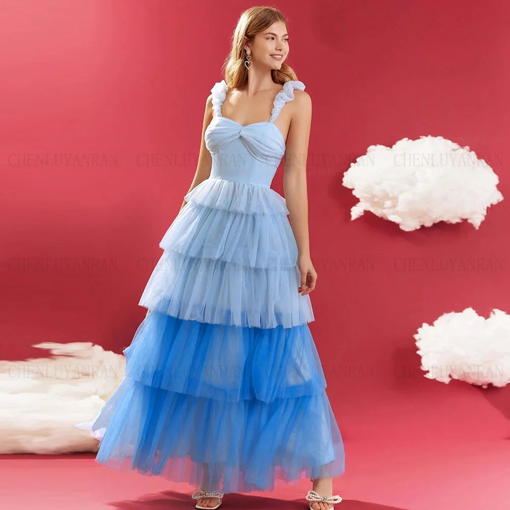 

Blue Tiered Formal Occasion Dresses 2024 Spaghetti Strap A-line Party Dress Sweetheart Tulle Evening Gown فساتين مناسبة رسمية