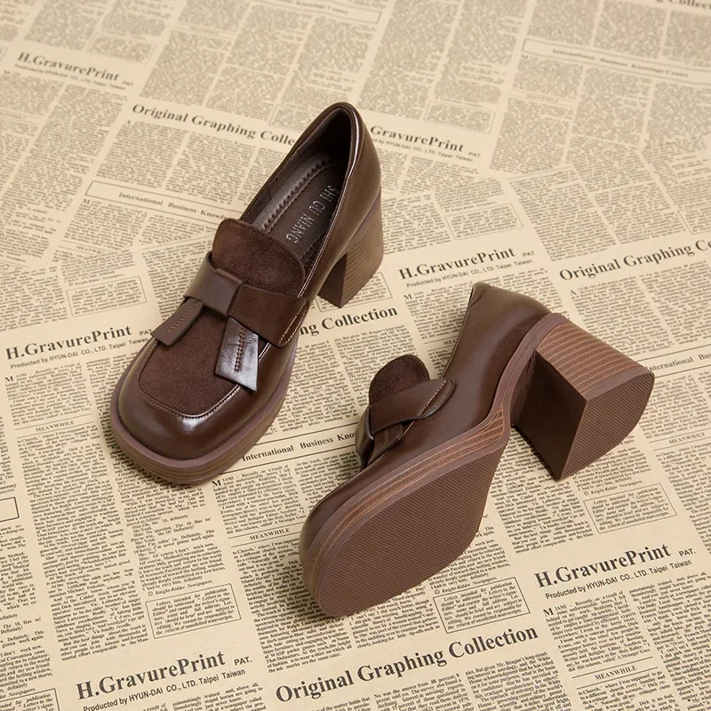 2024 British Style Women's Shoes Fashion Loafers Spring Autumn Bow-knot Square Toe Chunky High Heel Brown Small Leather Shoes