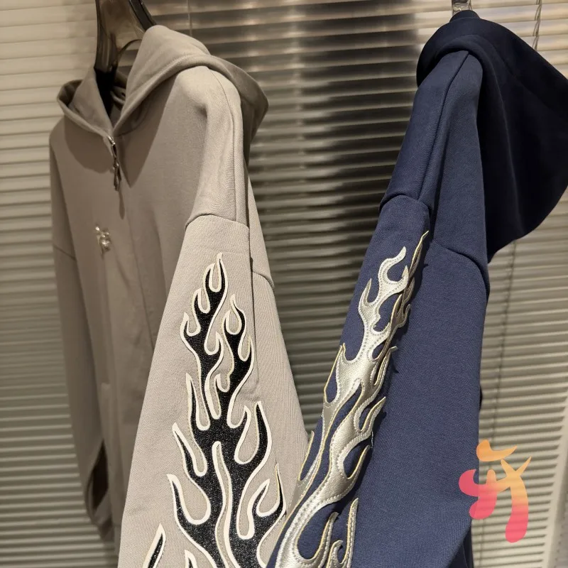 

New Vintage Streetwear Oversize Thug Club Jacket Metal Star Moon Alphabet Embroidered Flame Zipper Hoodie Loose Men Women Coats