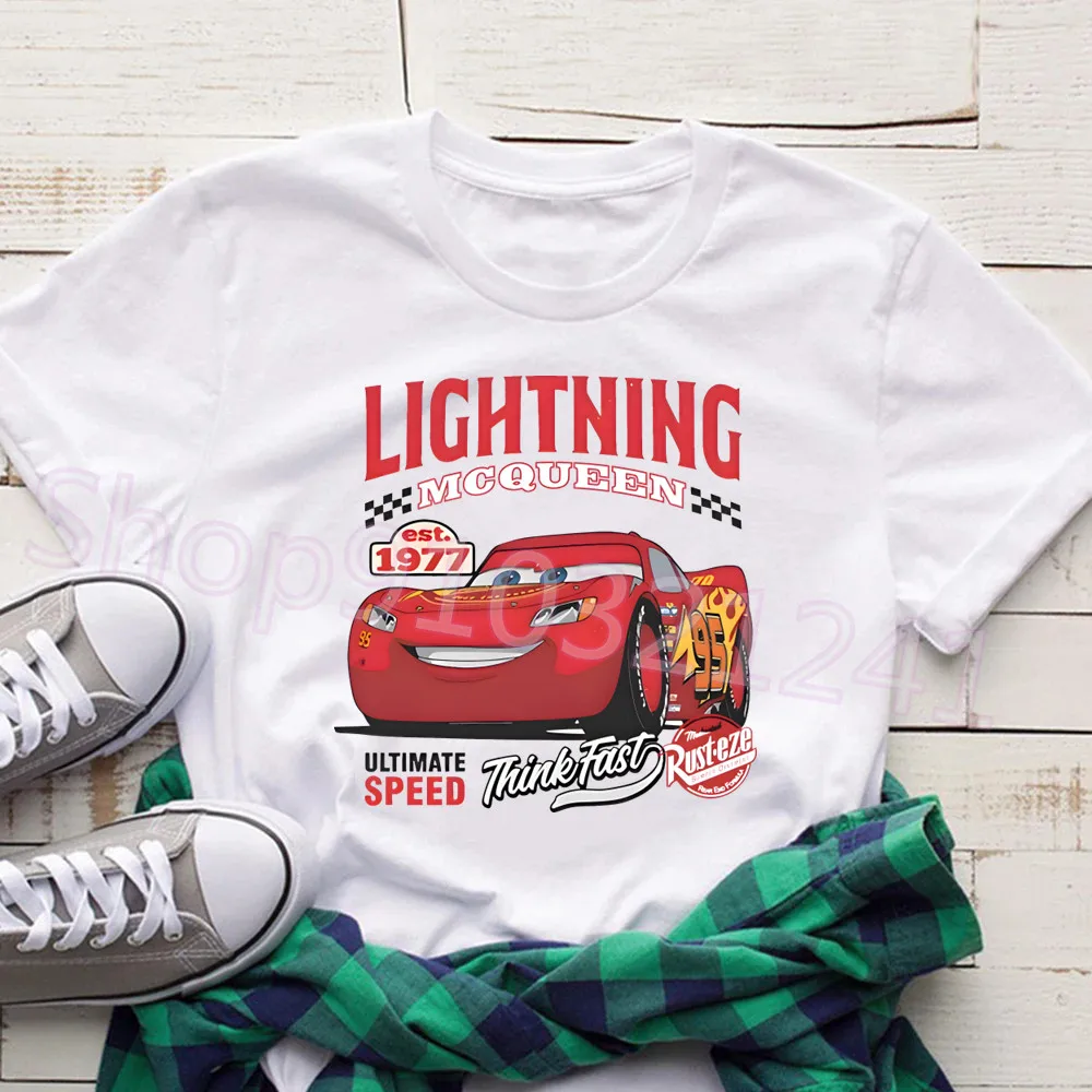 Lightning McQueen 여성용 티셔츠, 하라주쿠 카와이 카툰 프린트, O넥, 귀여운 티셔츠, 여성 상의, 여름 티셔츠