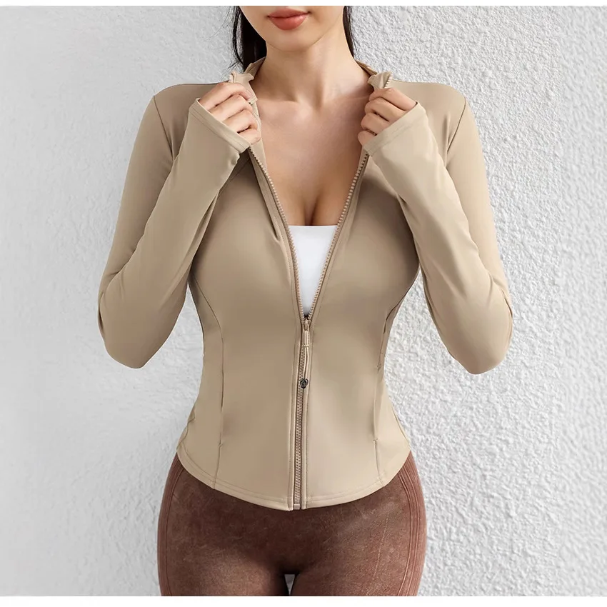 Long-Sleeved Form-Fitting Slimming Sports Coat Standing Collar Running Cycling Yoga Wear with Zippers for Athletes