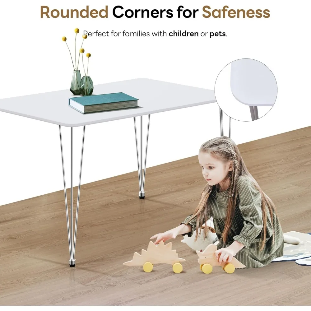 Mesa de jantar retangular moderna para 4 em lilás - 47,5 pequena mesa de cozinha branca com pernas de metal para sala de jantar e espaço de estar