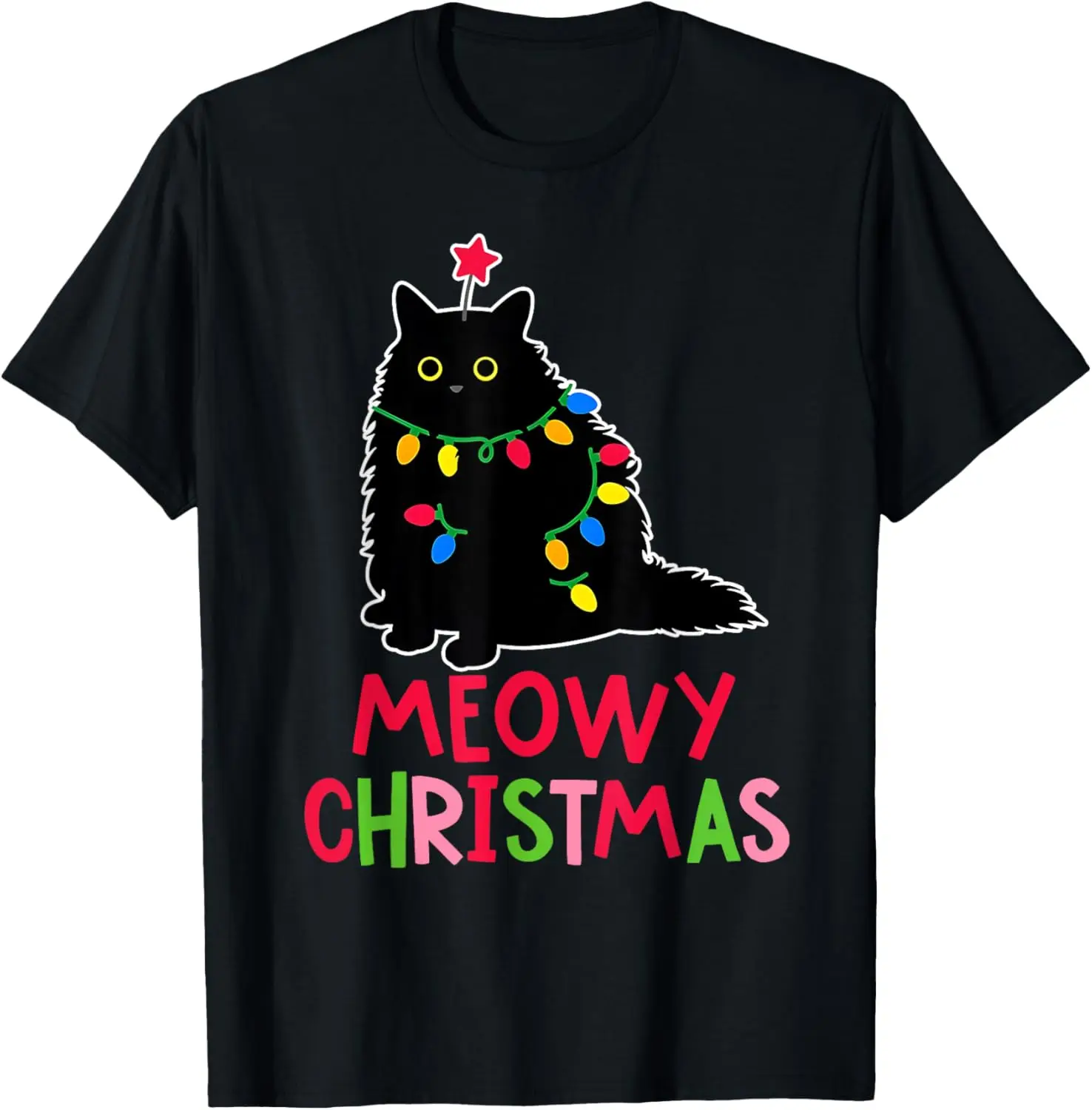 New Style Lovely Kawaii Meowy Christmas Xmas Lights Black Cat Pajamas Family Funny Men Women High Quality Cotton T-Shirt