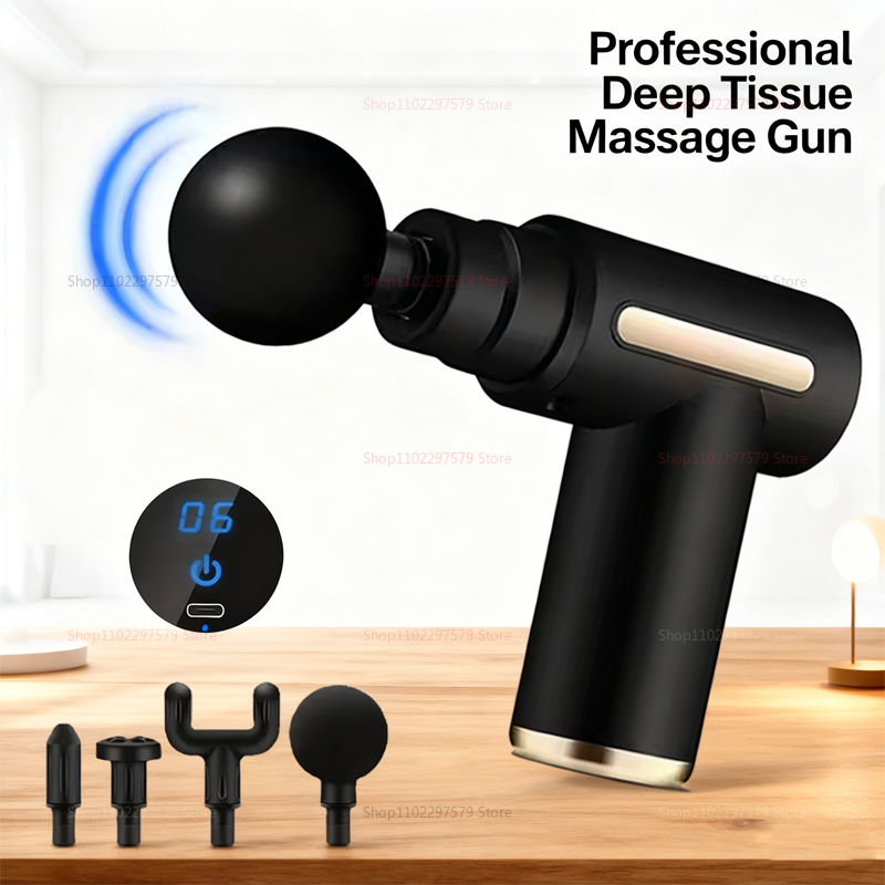  Fascia Gun Deep Tissue Massager 6 Adjustable Speeds 4 Massage Heads Quiet Brushless Motor Portable Muscle Relaxer for Gym Home 