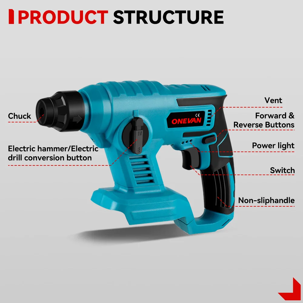 ONEVAN 1000W 3600RPM Electric Hammer Cordless Rechargeable Household Impact Drill Hammer Power Tool For Makita 18V Battery Pin