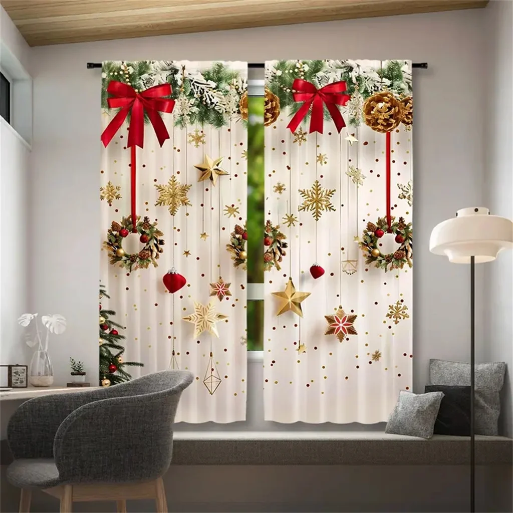 2pcs Set Gold Small Bell Christmas Curtains-Digital Print,Rod Pocket Design,Polyester - Perfect For Living Room,Kitchen,Bedroom