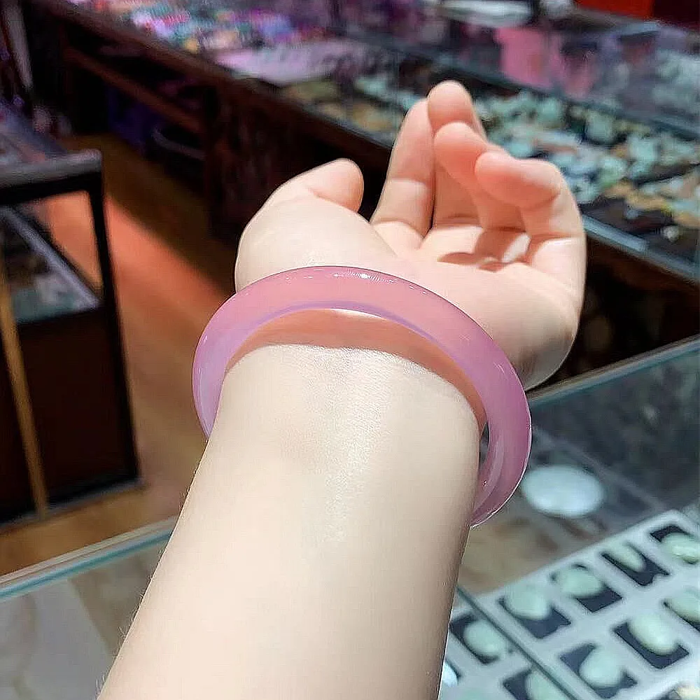 

Accessories Natural Pink Chalcedony Agate Jade Stone Bangle Round Narrow Peach Color Jewelry Quality Bracelet Lucky Gift