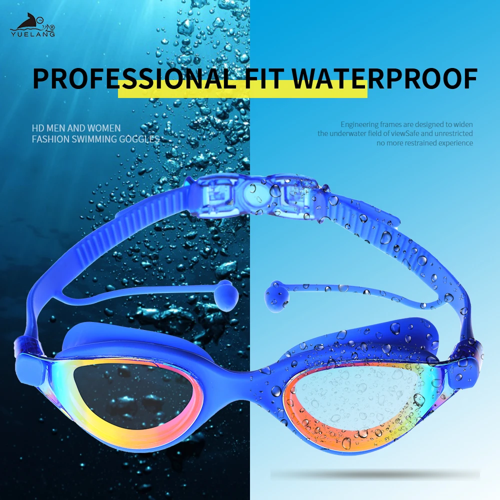 

YUELANG Professional Swimming Goggles Swimming with earplugs Waterproof glasses Anti-Fog Anti-UV Silicone Glasses Electroplate