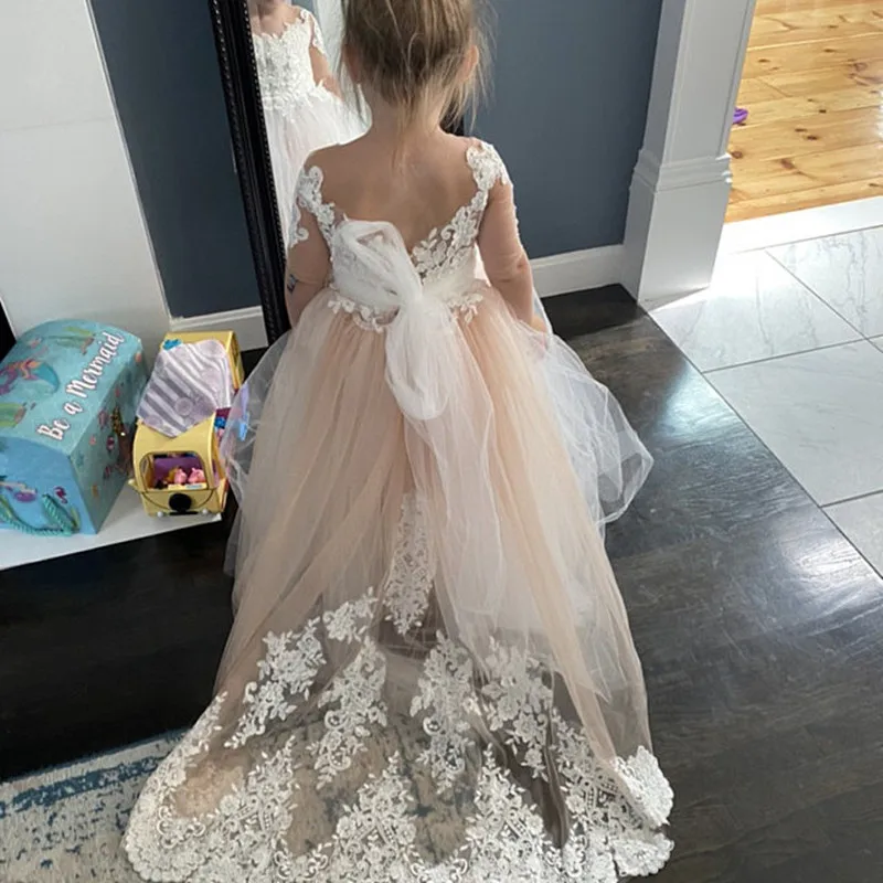 Flower Girl Dress Girls V Neck Pageant Dress Chiffon Princess Birthday Party Dresses Formal Ball Gowns with Flowy Cape