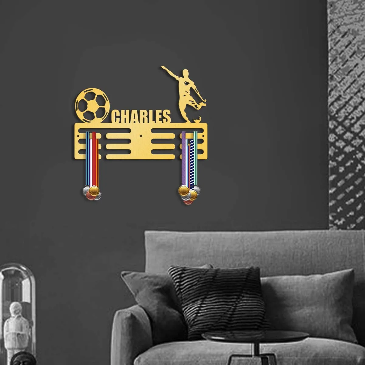 1pc Custom Super Cool Football Player Metal Medal Holder,Sports Carnival Hang Metal Wall Art Suitable for Running Marathon Match