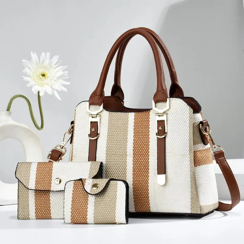 

3 Piece Set Women's Bag 2025 Summer New Large Women's Handbag with Wallet Vertical Stripes Women's Shoulder Crossbody Bags
