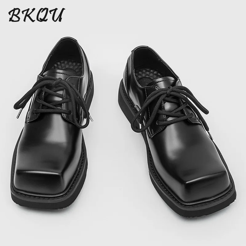 

BKQU Square Toe Derby Shoes for Men 2025 Autumn New Style Basic Design Thick Soles Elevated Style Casual Low Top Sneakers