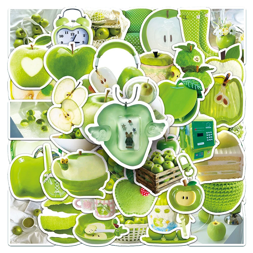 10/30/50pcs INS Fresh Style Green Apple Stickers Cute Aesthetic Decals DIY Scrapbook Luggage Phone Case Graffiti Sticker Decor