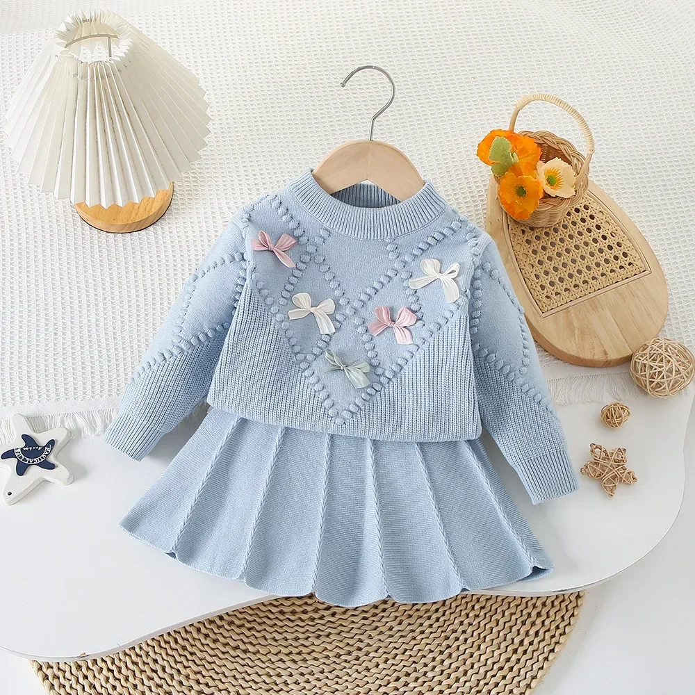 Kinderkleidungssets Schleife Strickoberteil + Faltenrock Winter Baby Mädchen Kleidung Strickpullover für 2–6 Jahre Kleinkind Mädchen Strickjacke