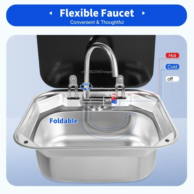 RV Kitchen Stainless Steel Single Slot Sink with Cover, Square Folding Vegetable Basin Car