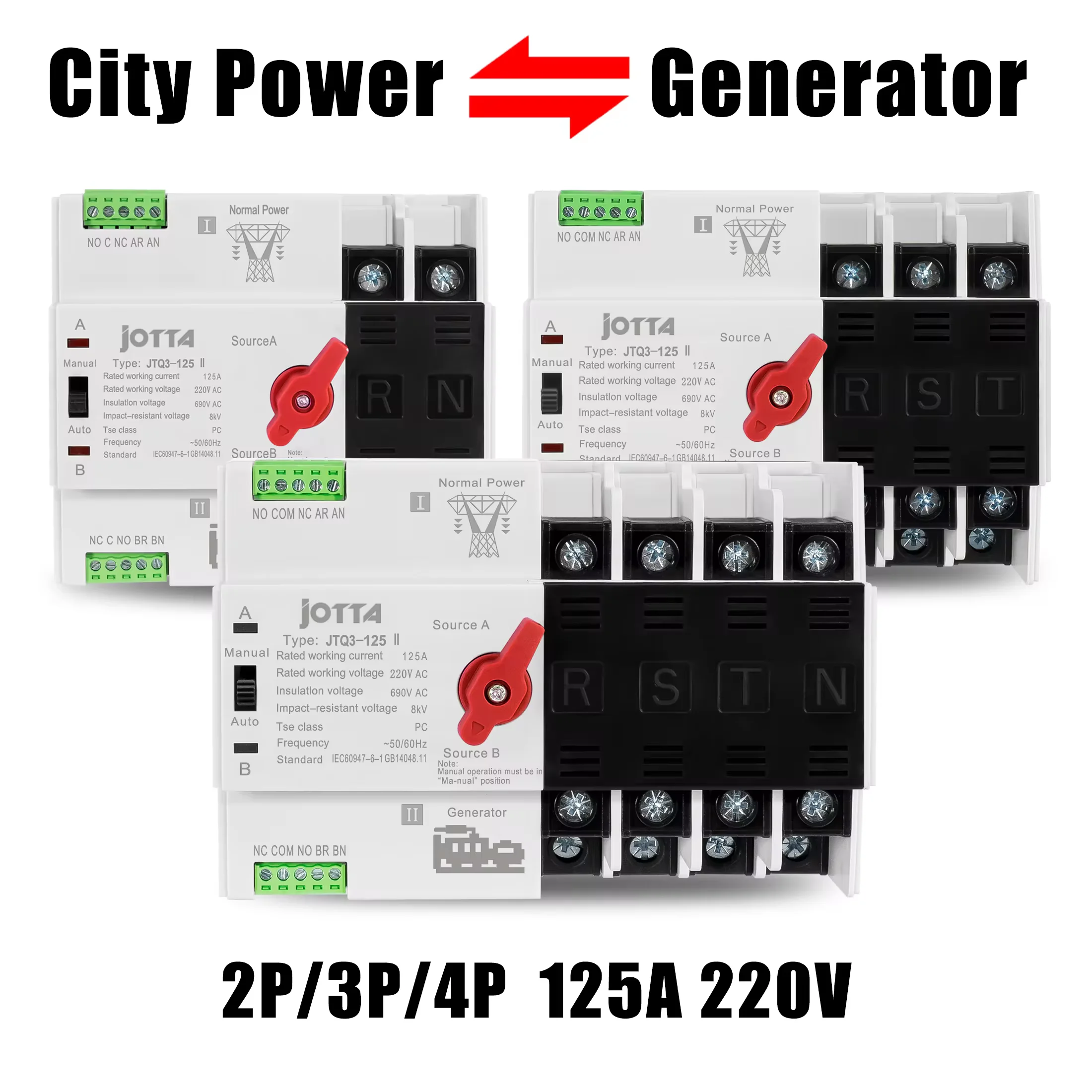 Jotta W2R-2P/3P/4P 125A 220V 50/60Hz Mini ATS Automatic Transfer Switch Electrical Selector Switches Dual Power Switch