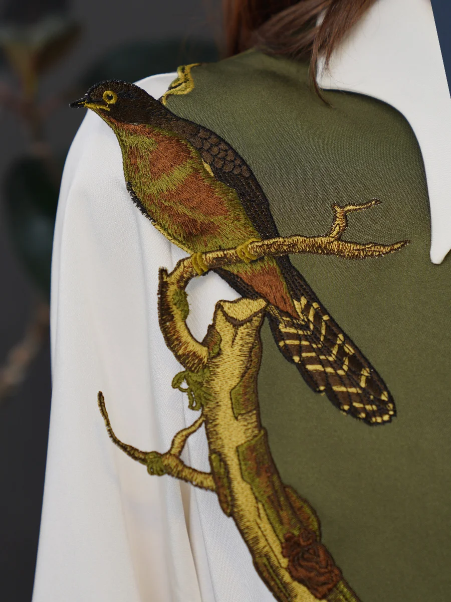 

Original Design False Collar Women Vintage Style Chic Birds on Branch Embroidered Olive Green Fashion Novelty Detachable Collars