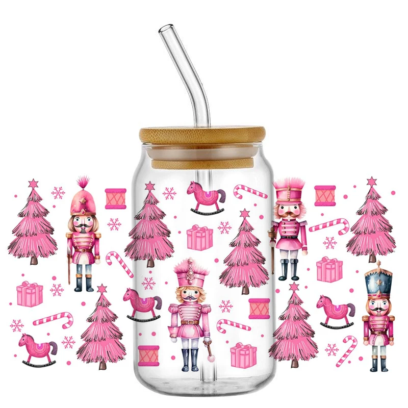 3D Pink Christmas Decal 16oz UV DTF Cup Wraps Waterproof Transfer Sticker for Glass Libbey Washable DIY Mug Selfadhesive Sticker