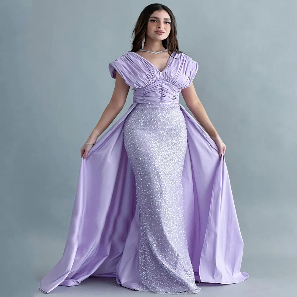 Mermaid Purple Evening Dress Draped Satin V-Neck With Beading Back Zipper Saudi Arabian Women's Vestidos Para Mujer Gala 2023