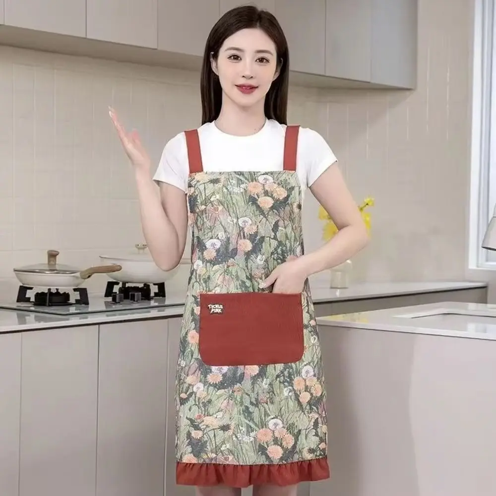 

Simple Floral Print Cooking Apron Waterproof Oil-proof BBQ Bib Apron with Pocket" Breathable Work Apron Daily Use