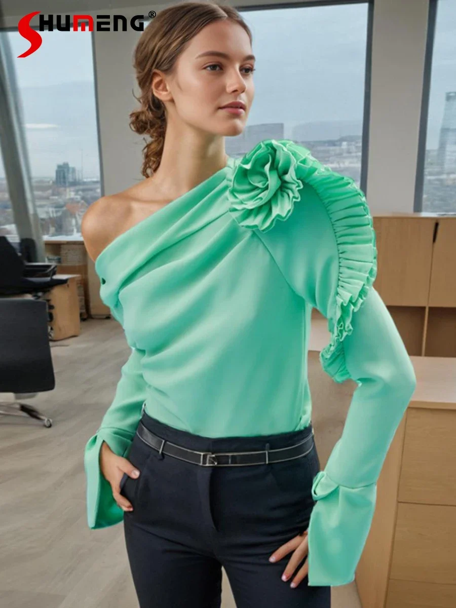 Fashion Single Shoulder Shirts 2024 New Feminine Flower Design Blouse Long Sleeve Green Shirt Women's Pullover Elegant Chic Tops