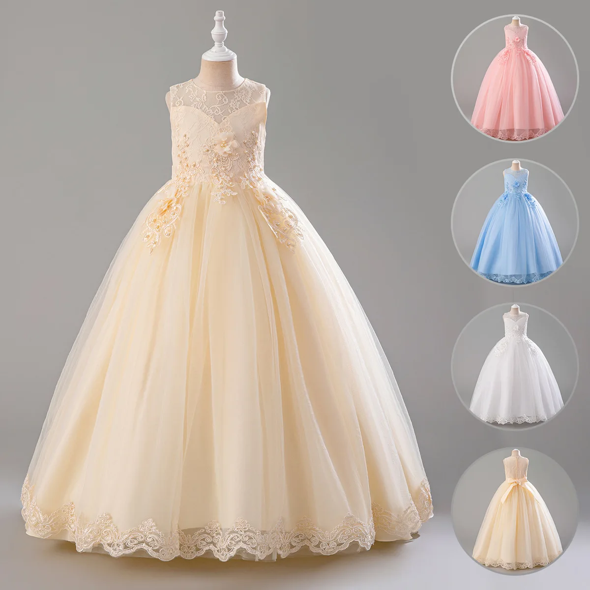 

Children Lace Embroidery Long Puffy Princess Dress For Flower Girls Formal Wedding Party Birthday Pageant Ceremonial Ball Gown