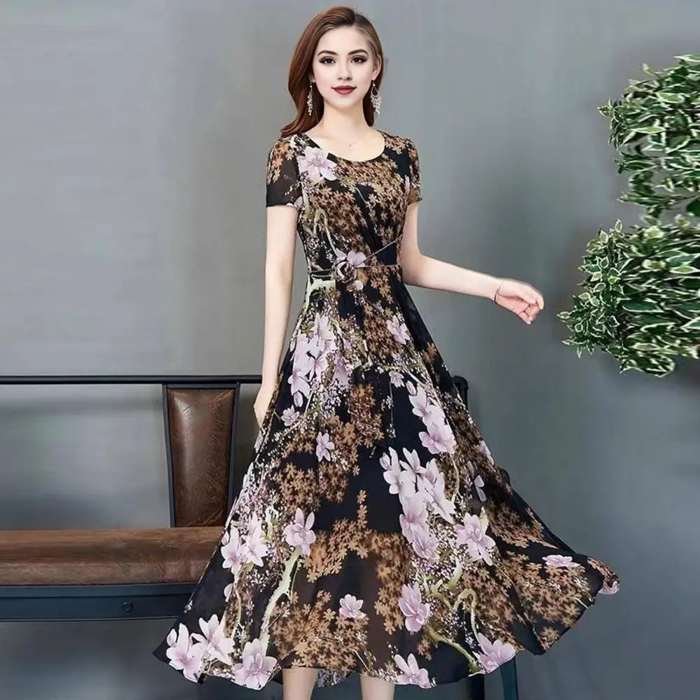 Robe mi-longue à imprimé floral pour femmes, robe mi-longue A-ligne, taille haute, manches courtes, fêtes formelles, CommConsult