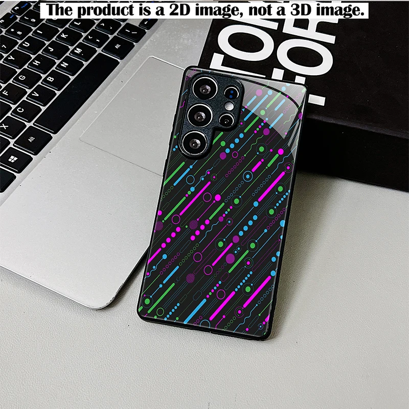 2D Printed Black Glass Phone Case, Slanted Lines & Dots Pattern, Shockproof Cover for Samsung S & A Series