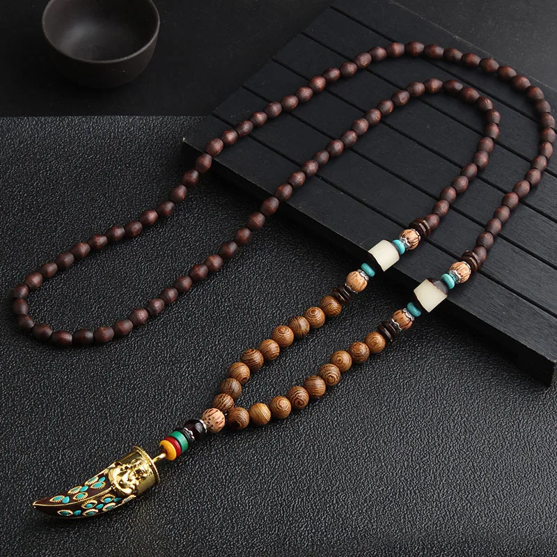 Unisex Handmade Necklace Nepal Buddhist Mala Wood Beads Pendant & Necklace Ethnic Fish Horn Long Statement Men Women\'s Jewelry