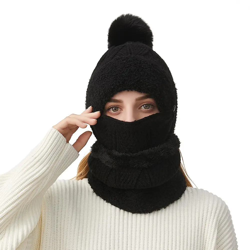 3 in-1 Knitted Beanies with Integrated Neck Gaiter and Mask Slouchy Knit Hat with Pompom Cycling Skiing Windproof