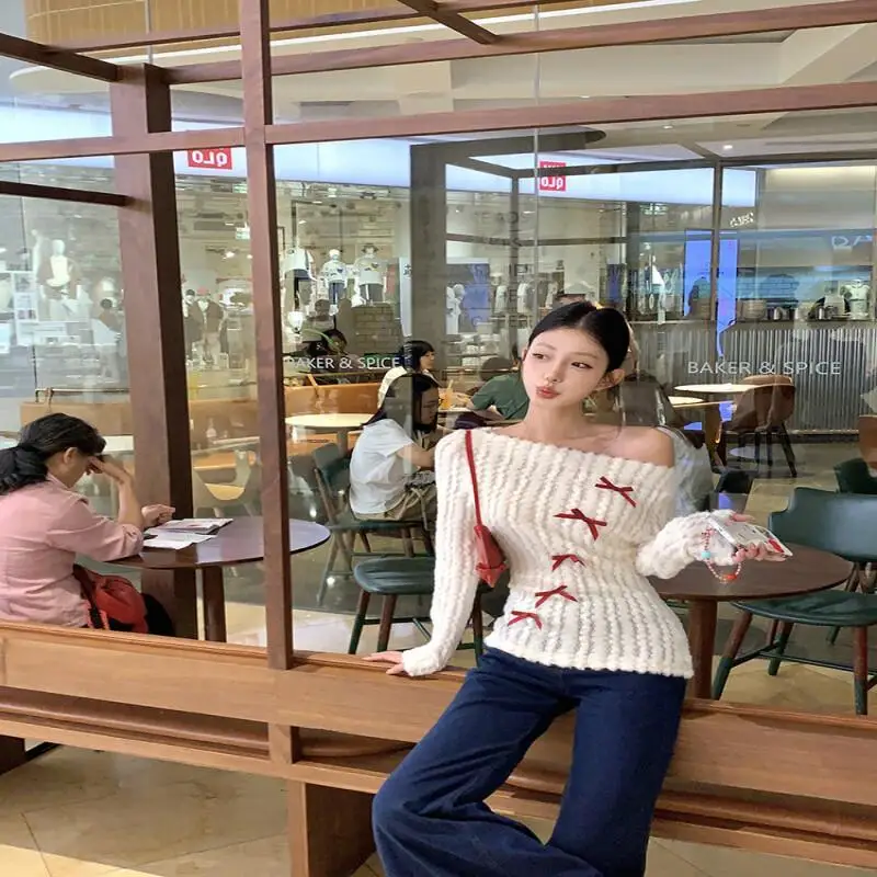 فراشة التكثيف الكتف الأبيض طويلة الأكمام المرأة محبوك سترة الربيع والخريف السترة سترة مجموعة #6