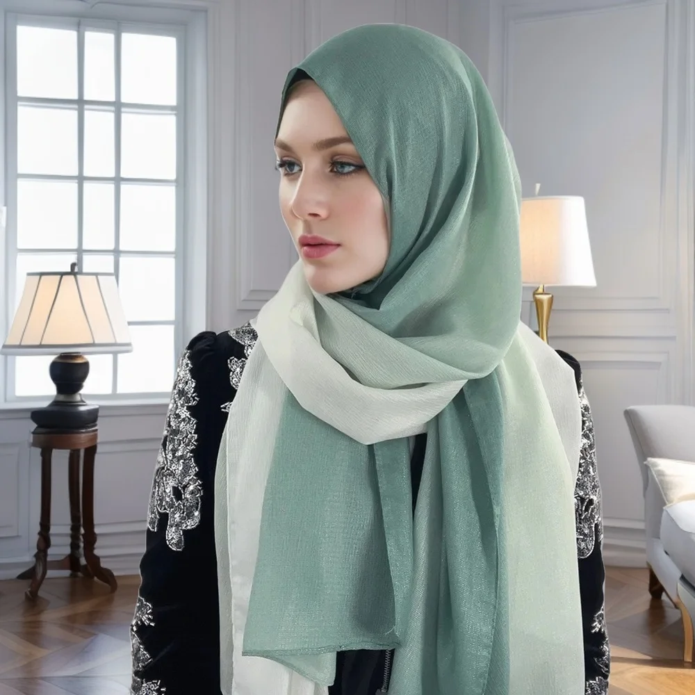 Malaysia Two-color Gradient Shawl Headscarf Lightweight Polyester Voile Shiny Scarf Soft Breathable Thin Hijabs For Muslim Women