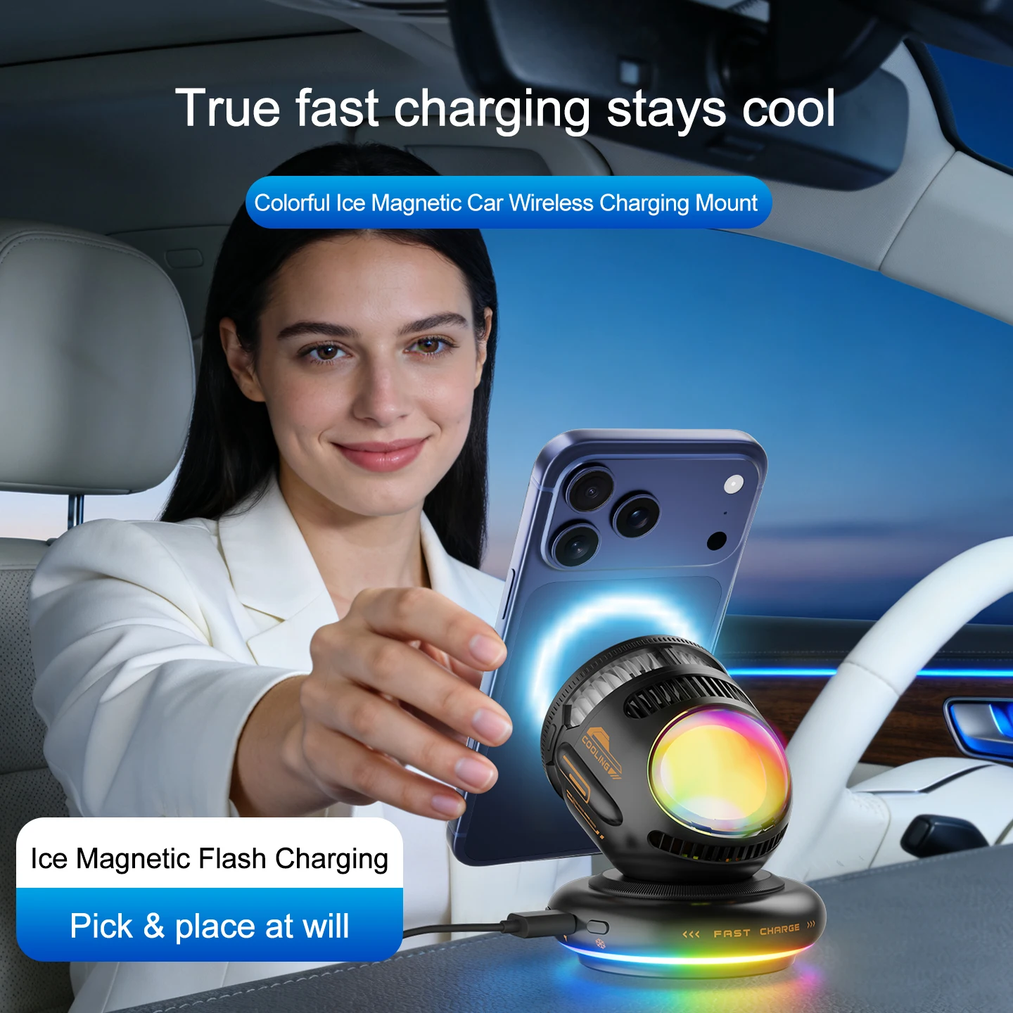 Innovation Design 15W Wireless Magnetic Car Charger Holder With Cooling Fan RGB Lights Phone Bracket Universal Navigation Mount