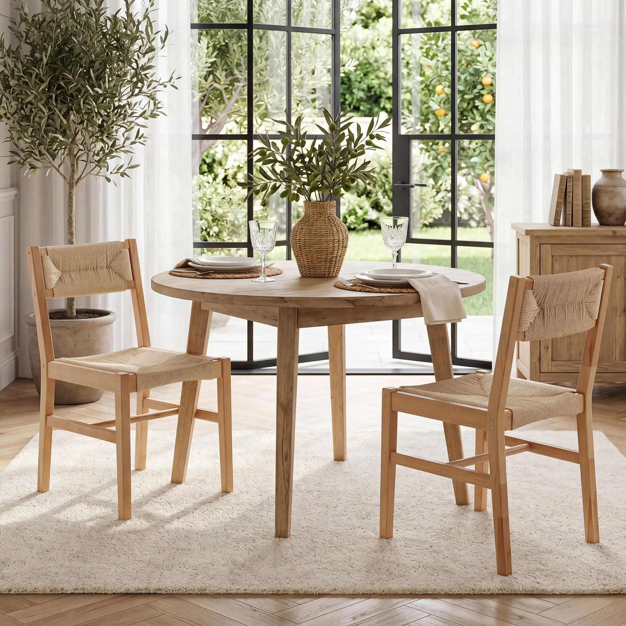 Mid Century Modern Rattan Dining Chairs Set of 2, Black Beechwood Frame | Wicker Dining Chairs, Handwoven Back and
