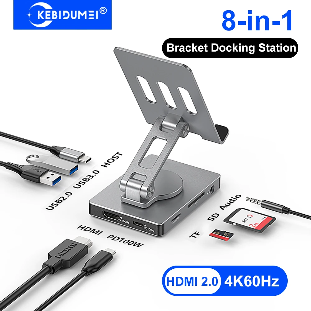 

8 in 1 Rotatable Bracket Docking Station Type C to 4K60Hz HDMI Adapter Aluminum Alloy USB C Hub PD 100W USB 3.0 5Gbps for Switch