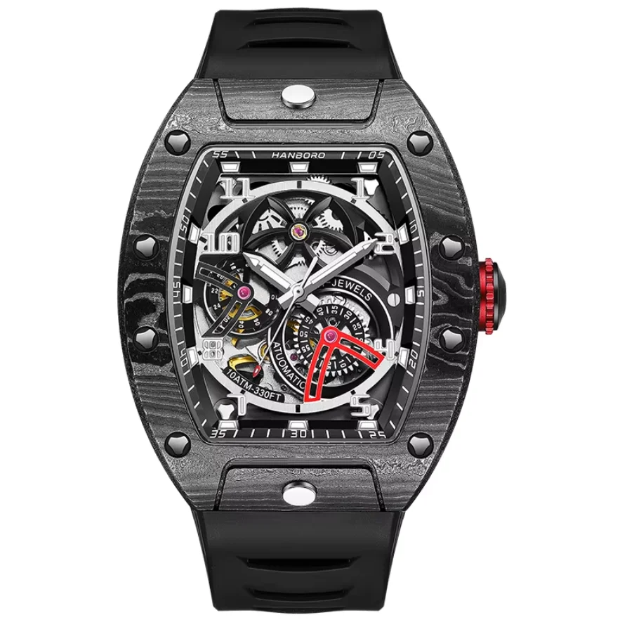 HANBORO Men Automatic Watch Tonneau Mechanical Wristwatch Carbon Fiber Waterproof Sapphire Luminous Skeleton Quick Release Strap