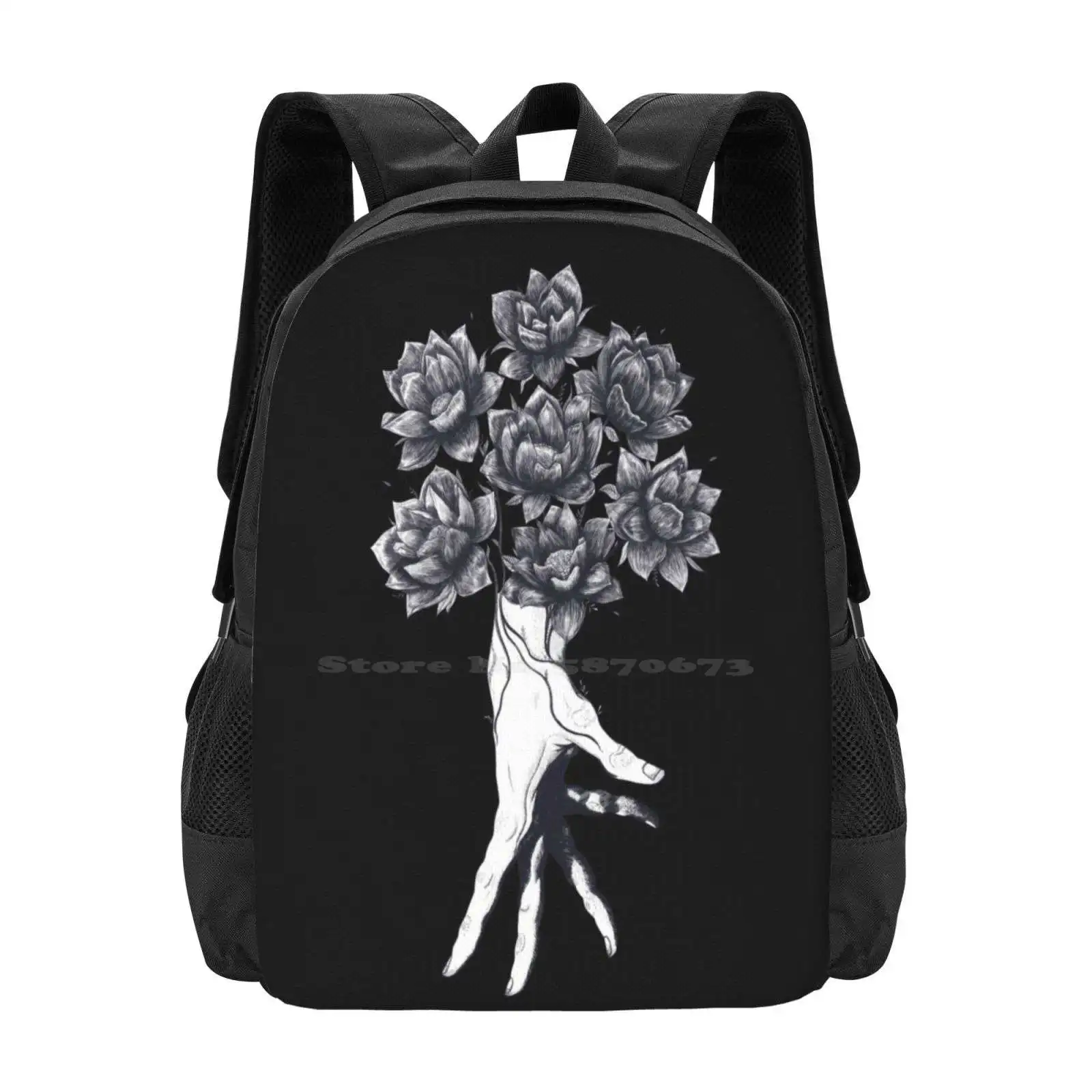 Hand mit Lotus auf schwarzem Muster Design Tasche Studenten Rucksack Hand Linie Mädchen schwarz und weiß Lotusblumen Garten Schönheit