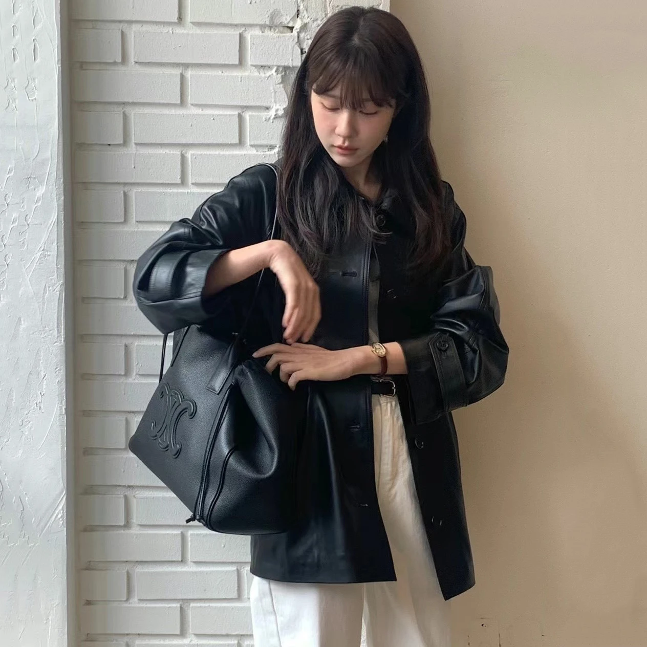 Jaqueta Fena de Couro PU Preta Solta, Moda Primavera Outono, Estilo Retrô Urbano, Casaco de Manga Crida Casual