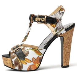 Fashion Summer Shoes For Women Sandals 2023 Peep Toe High Heels Platform T-Straps Flower Print Party Shoes Female Large Size