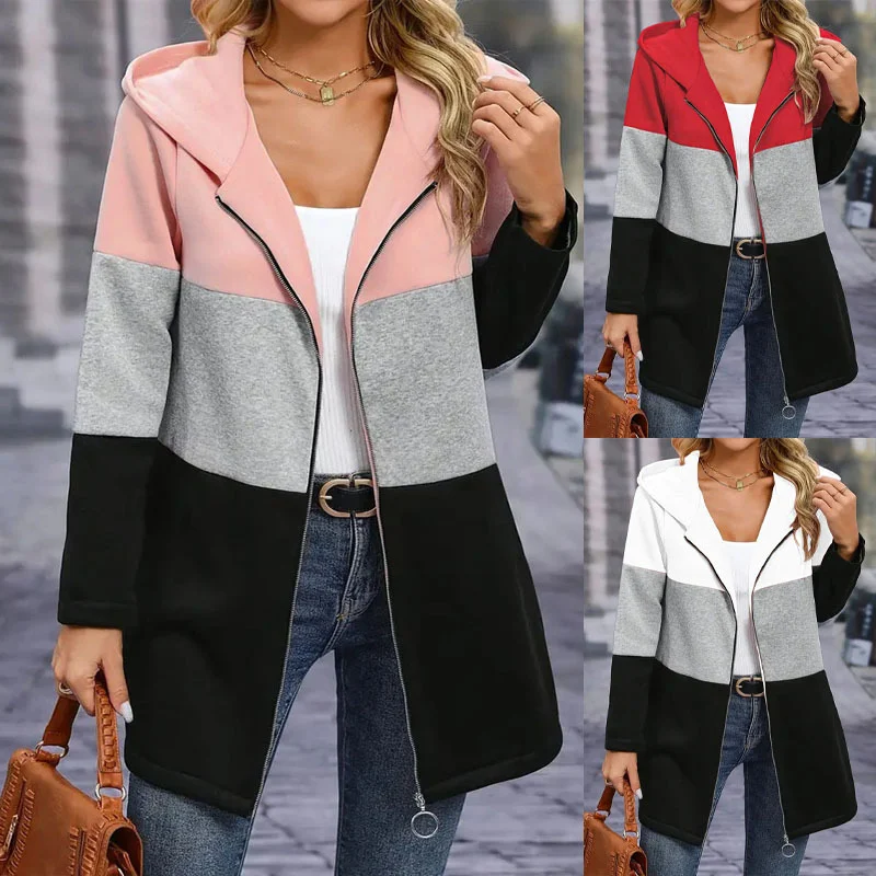 Zagros Women's Spring Fashion Loose Tri-color Contrast Splicing Hooded Zipper Casual Jacket